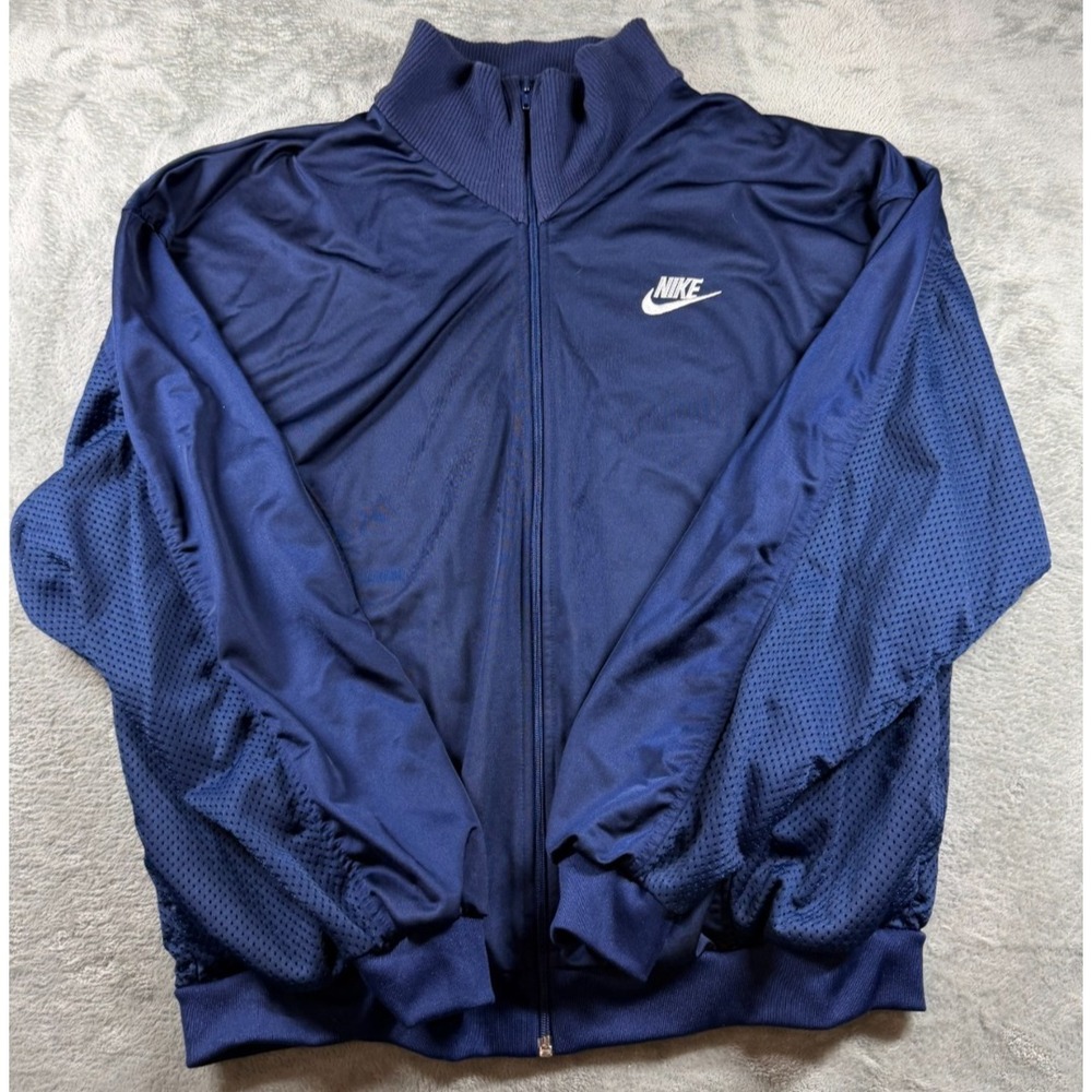 Vtg 80s 90s Nike Track Jacket XL Navy Full Zip Mesh Sleeve Warm Up